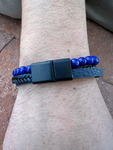 Load image into Gallery viewer, Blue Lapis Beaded Triple Wrap leather and Cross Bracelet