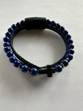 Load image into Gallery viewer, Blue Lapis Beaded Triple Wrap leather and Cross Bracelet