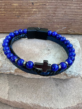 Load image into Gallery viewer, Blue Lapis Beaded Triple Wrap leather and Cross Bracelet