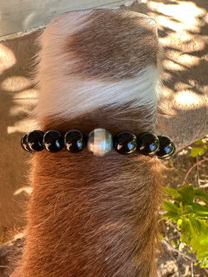 *AUTHENTIC* Navajo 8mm Sterling Silver Pearl & Black Onyx Beaded Bracelet