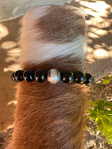 *AUTHENTIC* Navajo 8mm Sterling Silver Pearl & Black Onyx Beaded Bracelet