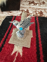 Load image into Gallery viewer, Navajo Sterling Silver & Single Stone Turquoise Hummingbird Adjustable Ring Signed Richard Singer