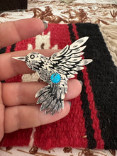 Load image into Gallery viewer, Navajo Sterling Silver & Single Stone Turquoise Hummingbird Adjustable Ring Signed Richard Singer