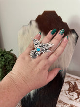 Load image into Gallery viewer, Navajo Sterling Silver & Single Stone Turquoise Hummingbird Adjustable Ring Signed Richard Singer