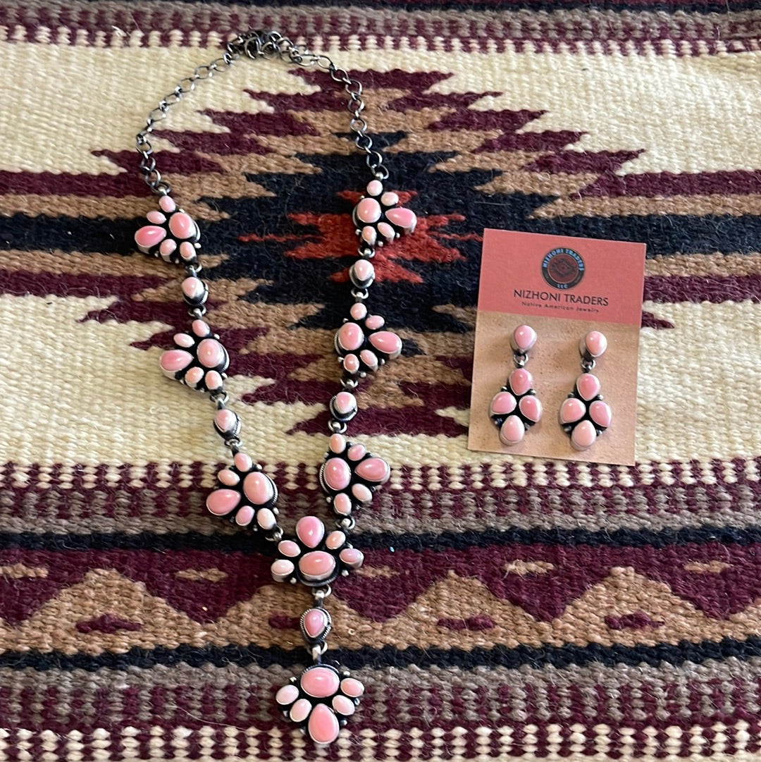 Navajo Queen Pink Conch Shell and Sterling Silver Lariat Necklace Earrings Set by Travis J