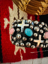 Load image into Gallery viewer, Navajo Queen Pink, Turquoise &amp; Sterling Silver Cross Cuff Bracelet By Chimney Butte