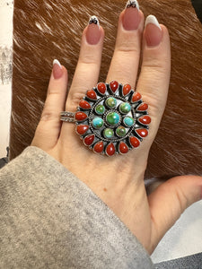 Beautiful Handmade Coral, Sonoran Turquoise And Sterling Silver Adjustable Statement Ring Style 12