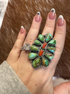 Beautiful Handmade Coral, Sonoran Turquoise And Sterling Silver Adjustable Ring