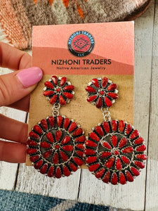 *AUTHENTIC* Navajo Coral and Sterling Silver Cluster Dangle Earrings