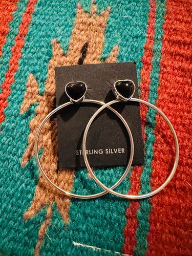 *AUTHENTIC* Navajo Onyx & Sterling Silver Heart Dangle Hoop Earrings
