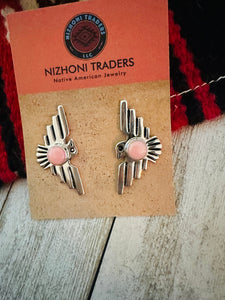 Navajo Sterling Silver & Queen Pink Conch Thunderbird Post Earrings