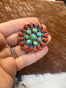 Beautiful Handmade Coral, Sonoran Turquoise And Sterling Silver Adjustable Statement Ring Style 12