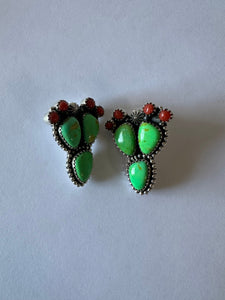 Handmade Sterling Silver, Coral & Dyed Kingman Turquoise Cactus Post Earrings