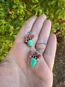 Handmade Sterling Silver, Coral & Dyed Kingman Turquoise Cactus Dangle Earrings