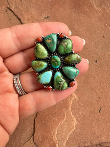 Beautiful Handmade Coral, Sonoran Turquoise And Sterling Silver Adjustable Ring