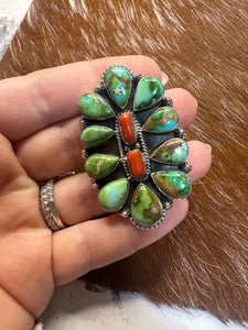 Beautiful Handmade Coral, Sonoran Turquoise And Sterling Silver Adjustable Ring