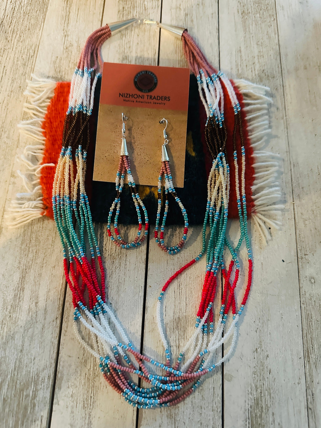 Navajo Sterling Silver & Multicolor Beaded Necklace and Earring Set