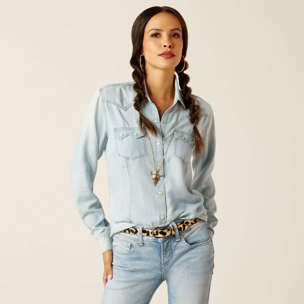 SALE ARIAT Womens Blues Snap Long Sleeve Bleached Chambray Shirt