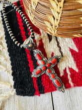 Load image into Gallery viewer, SALE *AUTHENTIC* Navajo Sterling Silver &amp; Coral Cross Pendant by Shawn Cayatineto