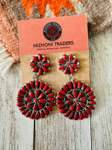 *AUTHENTIC* Navajo Coral and Sterling Silver Cluster Dangle Earrings
