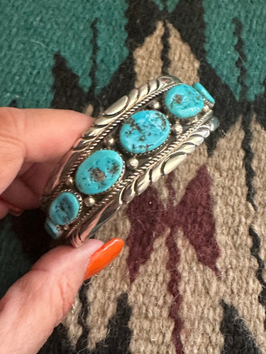 Navajo Old Pawn Natural Kingman Turquoise & Sterling Silver Cuff Bracelet