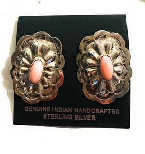 Navajo Queen Pink Conch & Sterling Silver Concho Post Earrings