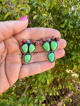 Load image into Gallery viewer, Handmade Sterling Silver, Coral &amp; Dyed Kingman Turquoise Cactus Post Earrings