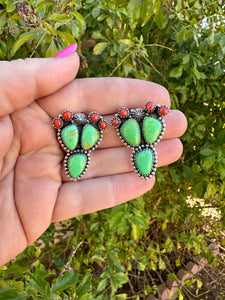 Handmade Sterling Silver, Coral & Dyed Kingman Turquoise Cactus Post Earrings