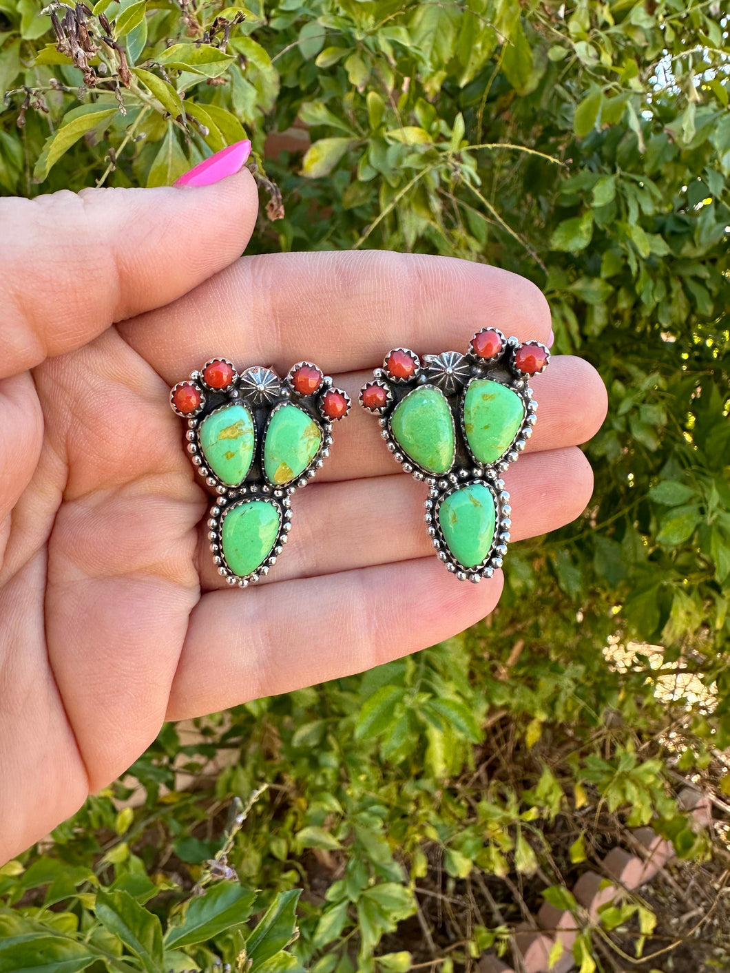 Handmade Sterling Silver, Coral & Dyed Kingman Turquoise Cactus Post Earrings