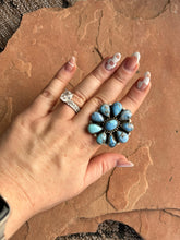 Load image into Gallery viewer, Beautiful Handmade Golden Hills Turquoise And Sterling Silver Adjustable Cluster Flower Ring