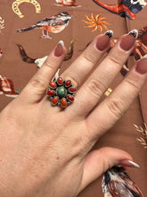 Load image into Gallery viewer, Beautiful Handmade Coral, Sonoran Turquoise And Sterling Silver Adjustable Ring STYLE 8