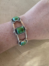 Load image into Gallery viewer, Nizhoni Handmade Sterling Silver &amp; Sonoran Mountain Turquoise 3 Stone Adjustable Cuff Bracelet