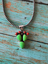 Load image into Gallery viewer, Handmade Sterling Silver, Coral &amp; Dyed Kingman Turquoise Cactus Pendant