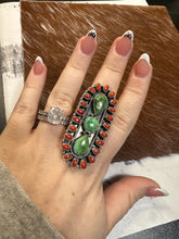 Load image into Gallery viewer, Beautiful Handmade Coral, Sonoran Turquoise And Sterling Silver Adjustable Statement Ring Style 10