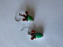 Load image into Gallery viewer, Handmade Sterling Silver, Coral &amp; Dyed Kingman Turquoise Cactus Dangle Earrings