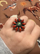 Load image into Gallery viewer, Beautiful Handmade Coral, Sonoran Turquoise And Sterling Silver Adjustable Ring STYLE 3