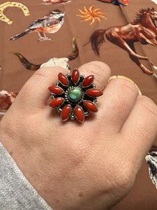 Beautiful Handmade Coral, Sonoran Turquoise And Sterling Silver Adjustable Ring STYLE 3