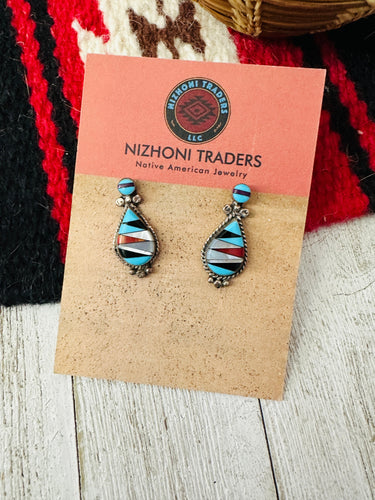 Vintage Old Pawn Zuni Multi Stone & Sterling Silver Inlay Dangle Earrings
