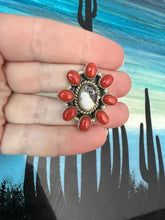 Load image into Gallery viewer, Handmade Coral, White Buffalo &amp; Sterling Silver Adjustable Ring Signed Nizhoni