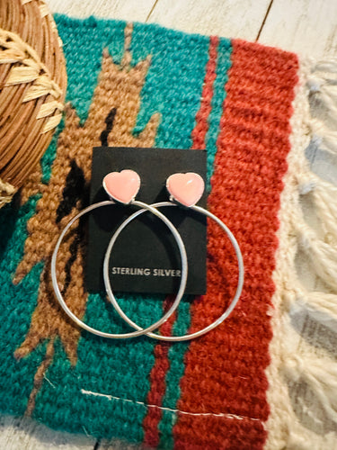 Navajo Queen Pink Conch & Sterling Silver Heart Dangle Hoop Earrings