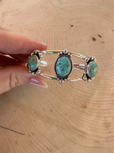 Load image into Gallery viewer, Nizhoni Handmade Sterling Silver &amp; Number 8 Turquoise 3 Stone Adjustable Cuff Bracelet