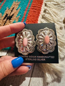 Navajo Queen Pink Conch & Sterling Silver Concho Post Earrings