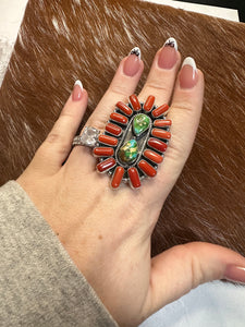 Beautiful Handmade Coral, Sonoran Turquoise And Sterling Silver Adjustable Ring