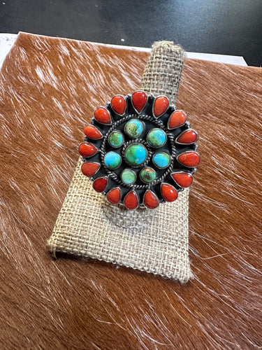 Beautiful Handmade Coral, Sonoran Turquoise And Sterling Silver Adjustable Statement Ring Style 12