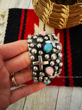 Load image into Gallery viewer, Navajo Queen Pink, Turquoise &amp; Sterling Silver Cross Cuff Bracelet By Chimney Butte