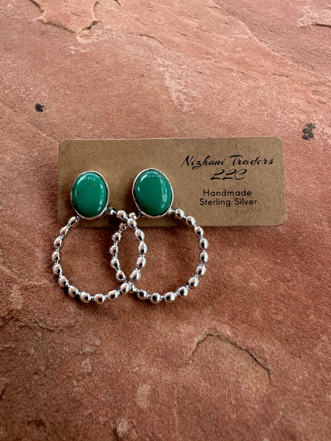 *Authentic* Handmade Turquoise & Sterling Silver Hoop Earrings GREEN TONES