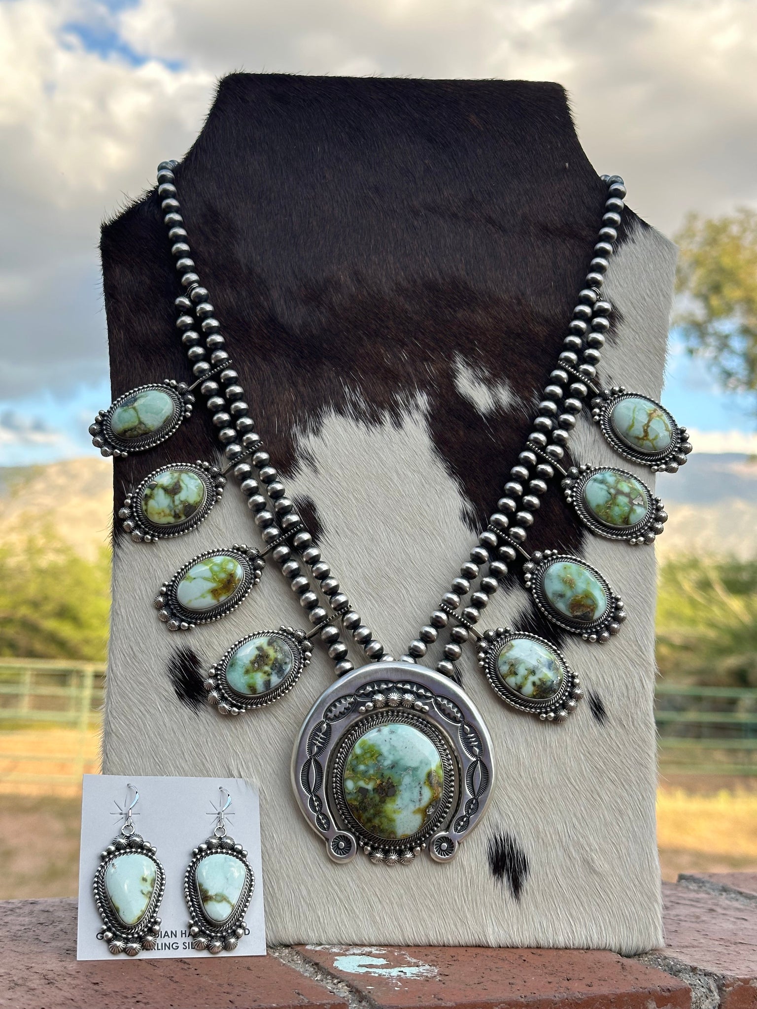 Native American green turquoise necklace and authentic ring set