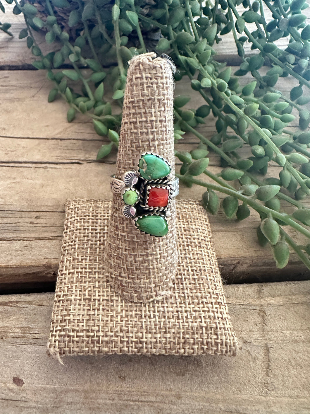 Beautiful Handmade Sonoran Turquoise, Coral And Sterling Silver Adjustable Ring