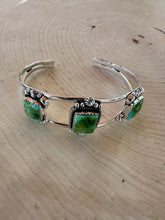 Load image into Gallery viewer, Nizhoni Handmade Sterling Silver &amp; Sonoran Mountain Turquoise 3 Stone Adjustable Cuff Bracelet