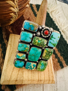 Navajo Sonoran Mountain Turquoise, Coral & Sterling Silver Adjustable Cluster Ring